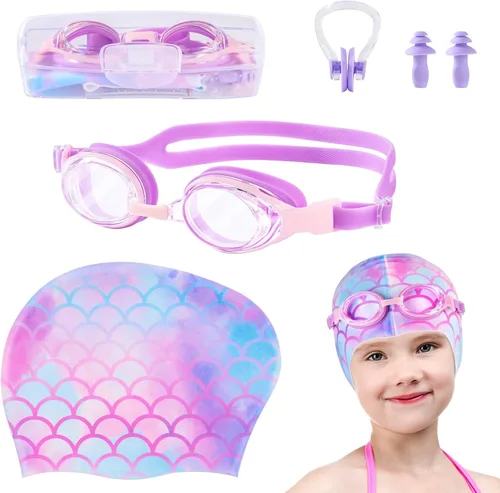 Paquete de 2 gorros de natación impermeables de silicona para niños y niñas (3-8 años), diseño de sirena de unicornio, gorro de natación para niños