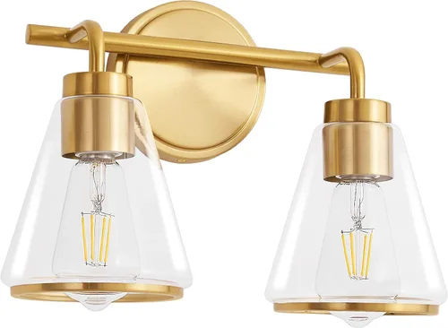 Miniatura 9 de Accesorios de iluminación de baño sobre espejo Luces de tocador doradas de 2 luces con pantalla de vidrio transparente de 14 pulgadas Luces