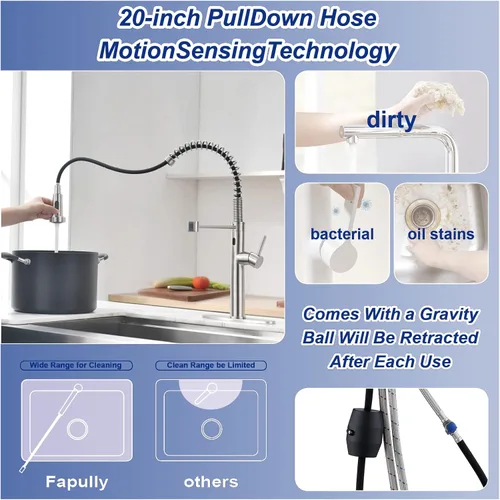 Miniatura 5 de Fapully Grifo de cocina sin contacto con rociador extraíble, sensor comercial desplegable de una sola manija grifo de fregadero de cocina níquel