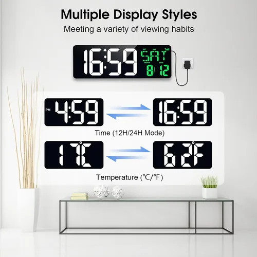 Miniatura 8 de Reloj de pared digital de 17 pulgadas, pantalla grande, tiempo de sincronización Bluetooth, atenuación automática, reloj de pared digital grande