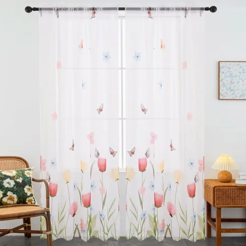 Miniatura 13 de youleyar Cortinas traslúcidas florales para sala de estar, 2 paneles de 54 pulgadas de largo, cortinas semitransparentes blancas con estampado
