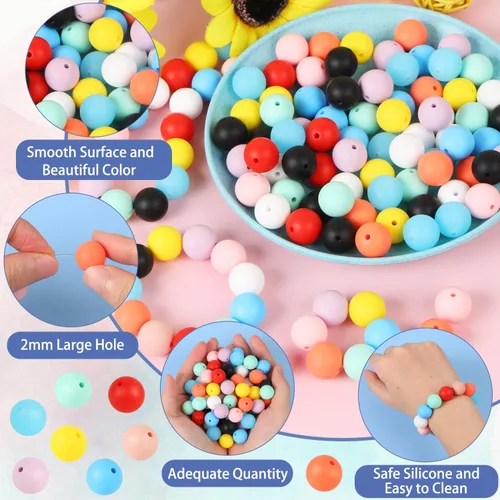 Miniatura 4 de EVERMARKET - 110 cuentas focales de silicona, cuentas de silicona de 0.59 pulgadas para hacer llaveros, cuentas redondas de silicona a granel