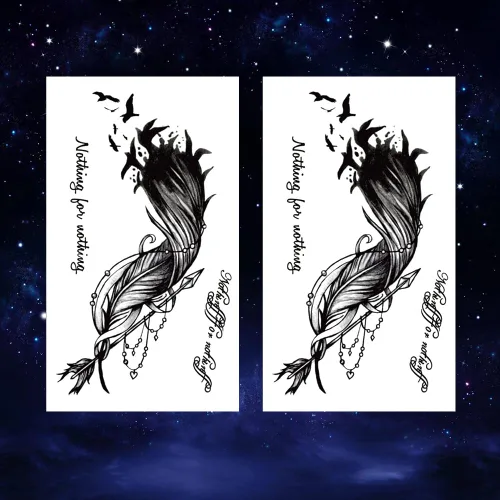 Miniatura 2 de 2 hojas de tatuajes temporales pequeños con flecha de plumas para mujeres adultas, citas realistas en negro y gris, calcomanías falsas de tatuaje