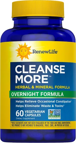 Renew Life Cleanse More fórmula herbal con magnesio para aliviar el estreñimiento ocasional durante la noche; ayuda a promover la eliminación de