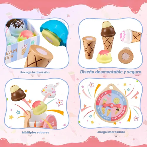 Miniatura 6 de Ehome Juego de juguetes de helado de madera, tienda de alimentos para niños, para servir helados, mostrador, tienda, juego de cocina con rueda