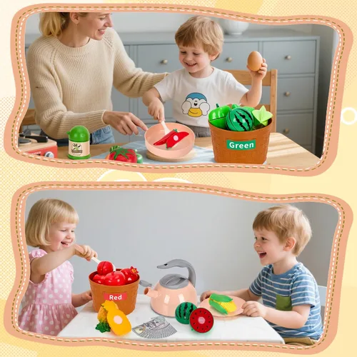 Miniatura 6 de Juego de 90 accesorios de cocina, cocina de simulación con ollas, sartenes, utensilios de cocina, alimentos, frutas, verduras, cestas de Rosa