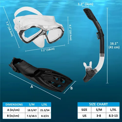 Miniatura 7 de Blue Reef Sentinel Snorkel Mask Set, Snorkeling Gear for Adults Set Includes Sentinel Black Mask w/Twin Tempered Glass, Cortes Dry Snorkel, Bay Fins