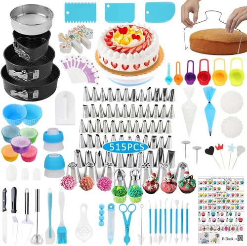 Kit de decoración de pasteles, suministros de decoración de pasteles, juego de 515 piezas de suministros para hornear con 3 juegos de moldes