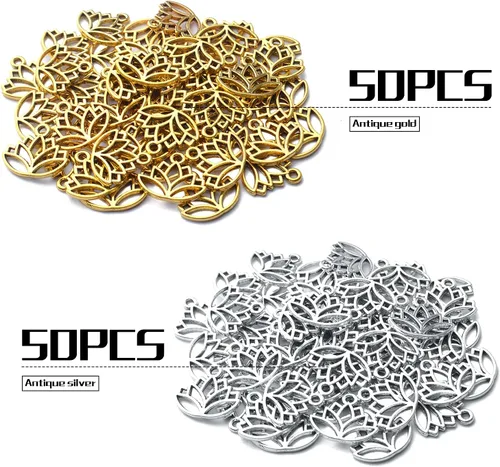 Miniatura 2 de 100 dijes de loto de aleación, para yoga, flor de loto, abalorios, suministros de manualidades para manualidades, collares, pulseras, joyería