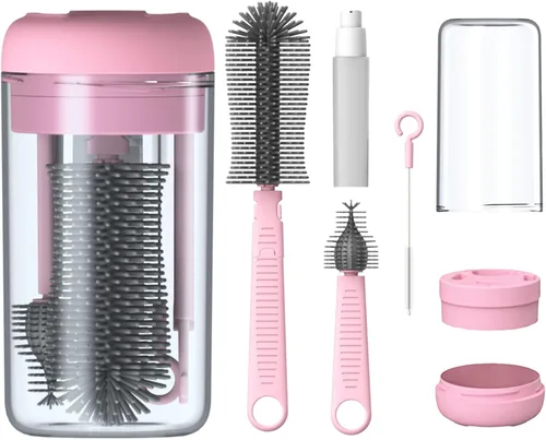 Kit limpiador de biberones de silicona rosa, juego de cepillos para biberones, estante de secado, cepillos para pezones y pajillas, dispensador de