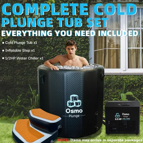 Miniatura 2 de Kit completo de baño de hielo de inmersión en frío, enfriador de baño de hielo de 1/2 HP con bañera fría inflable y escalón inflable antideslizante