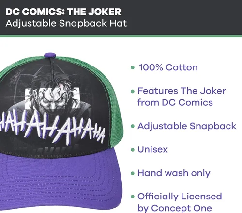Miniatura 6 de Concept One DC Comics The Joker Raughing 3D Gorra ajustable de algodón Snapback para camionero, color verde, talla única
