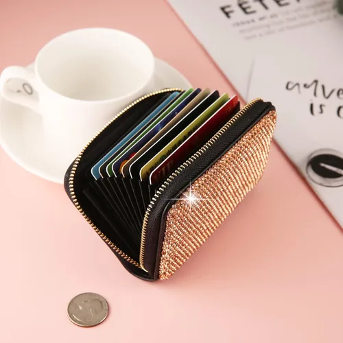 Miniatura 6 de AsAlways Funda con cremallera multicapa con diamantes de imitación RFID, cartera pequeña delgada para mujer, Oro, Moderno