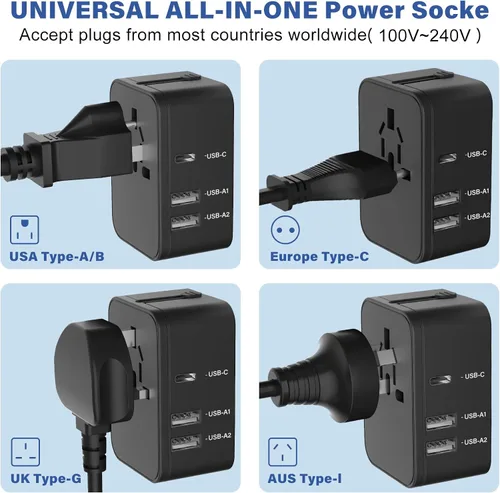 Miniatura 5 de Adaptador de enchufe de viaje con 2 USB A+1 USB C, adaptador de viaje universal todo en uno, convertidores de corriente, cargador de pared