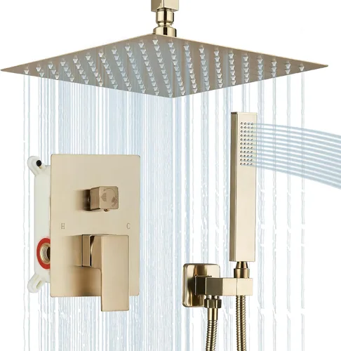 Miniatura 8 de Juego de grifo de ducha con sistema de ducha de lluvia de 10 pulgadas y rociador de mano, accesorios de ducha de baño dorado cepillado con válvula