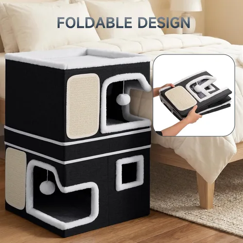 Miniatura 7 de Double Cat Beds for Indoor Cats, 2-Storey Cat House with Large Cozy Hideaways, Dual Purpose Cat Cave Cube with Scratch Pads, Fluffy Balls, Foldable