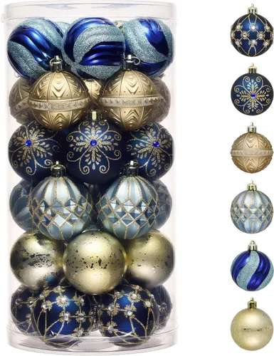 Valery Madelyn Juego de adornos de Navidad, 30 unidades de 2 pulgadas, color azul y dorado, inastillables, adornos de bolas a granel, adornos