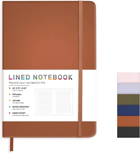 Miniatura 9 de Cuaderno diario rayado para mujeres y hombres, 200 páginas A5 diarios de tapa dura de cuero para escribir, viajes, escuela, oficina, trabajo, Negro