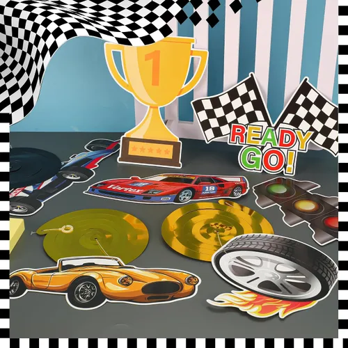 Miniatura 4 de Kit de 26 piezas de decoración de fiesta de coches de carreras, pancarta de bienvenida para fanáticos de las carreras y serpentinas de techo