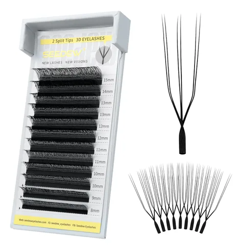 Miniatura 40 de Extensiones de pestañas con doble punta 3D, rizo D de 0.003 in, mezcla de 0.315-0.591 in, 12 filas por bandeja, tallo plano 3DD en forma de W
