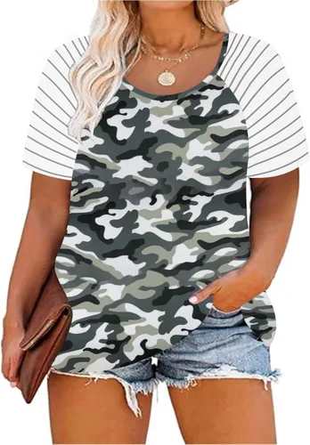 CARCOS Blusas de manga corta, estampado de leopardo, animal, bloque de color, tallas extragrandes, XL a 5XL