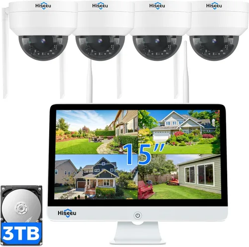 Miniatura 9 de Hiseeu Sistema de cámara de seguridad inalámbrico, todo en uno con monitor LCD de 15 pulgadas, NVR de 10 canales, 4 unidades de cámara PTZ de 5 MP