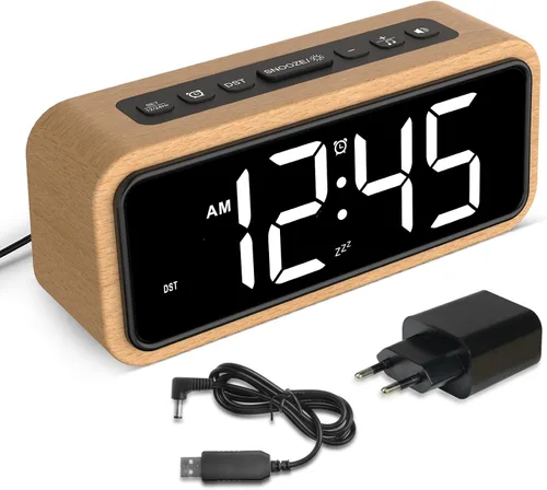 Alarm Clock Loud for Deep Sleepers, Wooden Alarm Clock with LED Display, 12 Alarm Ringtones, 5 Brightness Adjustable, 5 Volumes, Manual DST, Brown