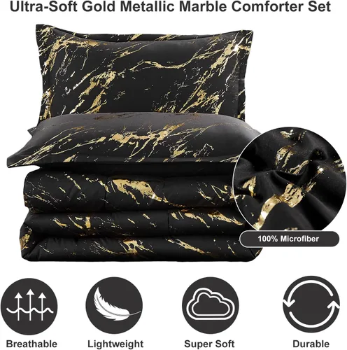Miniatura 7 de WONGS BEDDING Juego de edredón de mármol metálico negro dorado Queen con estampado de lámina brillante y purpurina, juegos de ropa de cama con 2