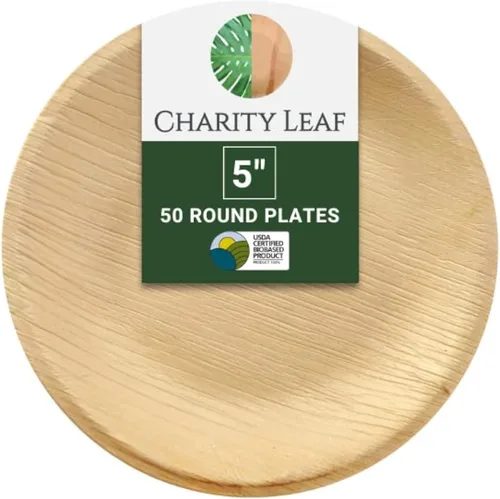 Charity Leaf Platos redondos desechables de hoja de palma de 5 pulgadas (50 piezas) como bambú para servir, tableros desechables, vajilla ecológica