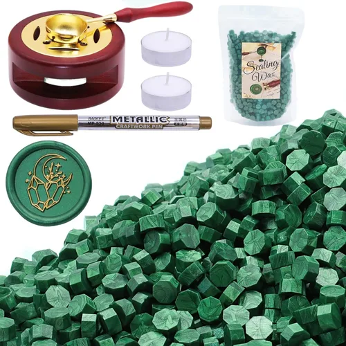 SWANGSA Kit de cera de sellado, 1450 cuentas de cera de sellado, verde metálico, calentador de sello de cera, cuchara de cera, bolígrafo de sello de