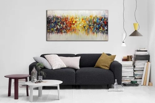 Miniatura 3 de AMEI Arte, cuchillo abstracto pintado a mano de 24 x 48 pulgadas, pintura al óleo, arte de pared texturizado amarillo y blanco, arte de pared