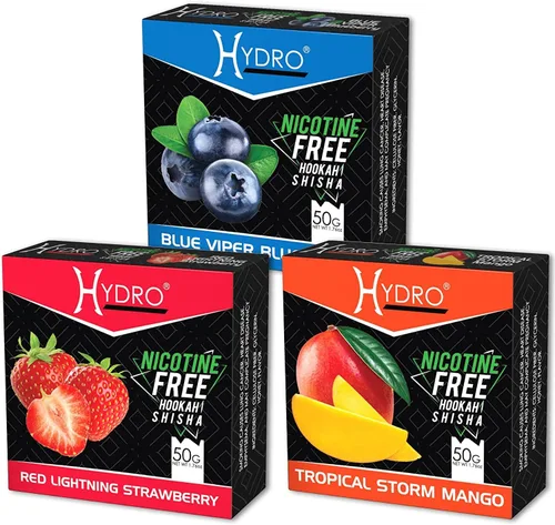 Hydro Paquete de sabores de hookah - Sin tabaco y sin nicotina Shisha, Arándano, Fresa, Mango - Natural, duradero, sabor suave, paquetes de 50