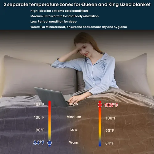 Miniatura 5 de Manta térmica eléctrica tamaño Queen, manta de calentamiento rápido, franela de terciopelo suave para invierno, 4 niveles de calefacción, 10 horas