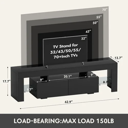 Miniatura 3 de YESHOMY Soporte de TV LED moderno negro para televisores de hasta 70 pulgadas con estantes de vidrio y cajón, centro de entretenimiento