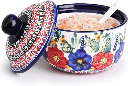 Miniatura 13 de silesia Azucarero hecho a mano con tapa y cuchara, tarro de azúcar de cerámica pintado a mano de 10 onzas para cocina en caja de regalo, decoración