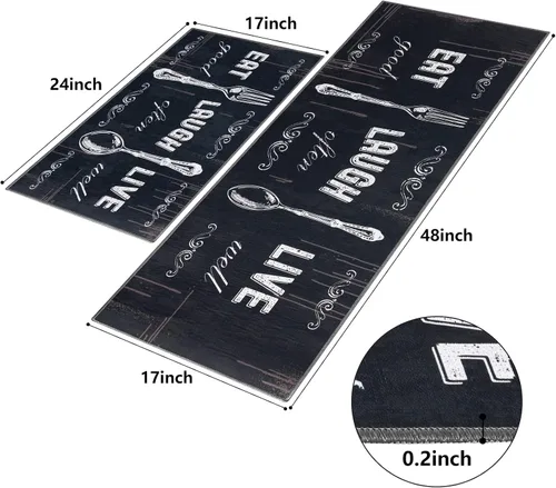 Miniatura 2 de Carvapet Juego de 2 alfombras de cocina con respaldo antideslizante, tapete para cocina, corredor de entrada, diseño de lema, negruzco/gris oscuro