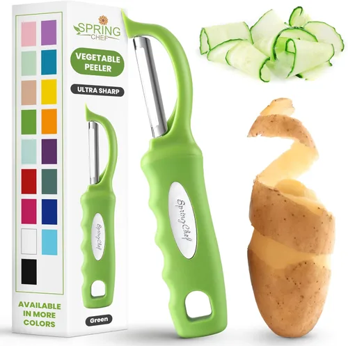 Miniatura 34 de Spring Chef Pelador de verduras giratorio profesional rojo para cocina, peladores de papas de acero inoxidable con mango de agarre suave, perfecto