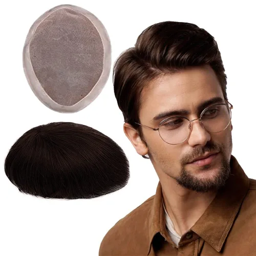 Miniatura 25 de Toupee - Sistema de reemplazo de cabello humano virgen europeo de 7 x 9 pulgadas para hombre, postizo de encaje mono con poliuretano duradero #2