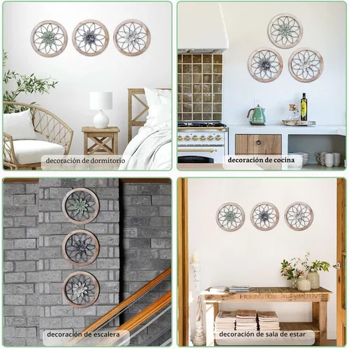 Miniatura 5 de Paquesta Decoración de Pared de Granja Redonda de 3 Piezas con 6 Flores Intercambiables de 12'' Medallón de Madera y Metal Arte de Pared Rústico