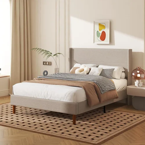Miniatura 7 de Base de cama de tamaño matrimonial, plataforma tapizada de lino con cabecera con respaldo de ala, soporte de listones de madera, no necesita somier