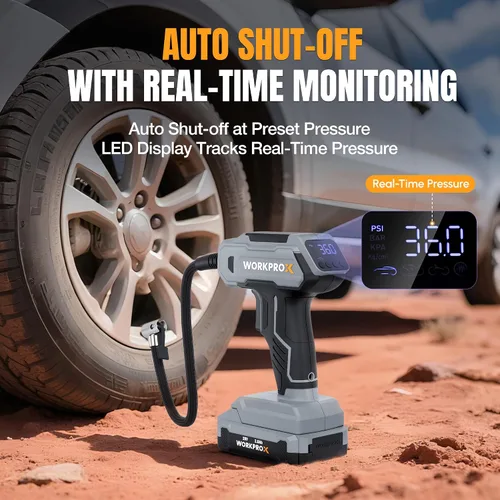 Miniatura 4 de WORKPROX Compresor de aire portátil para inflador de neumáticos, bomba de neumáticos inalámbrica de 150 PSI con medidor de presión digital, inflado