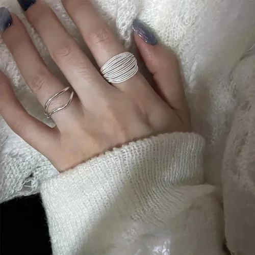 Miniatura 5 de EXPHAIN Anillo ajustable para mujer, de múltiples capas, único, envolvente, minimalista, a la moda, anillos de plata, joyería, Metal no precioso.