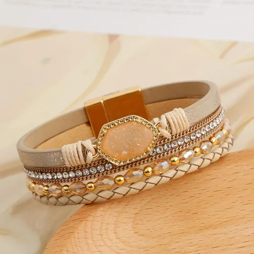 Miniatura 3 de Jewbelet - Pulsera de cuero estilo bohemio con cuentas de cristal con cierre de joyería para mujer