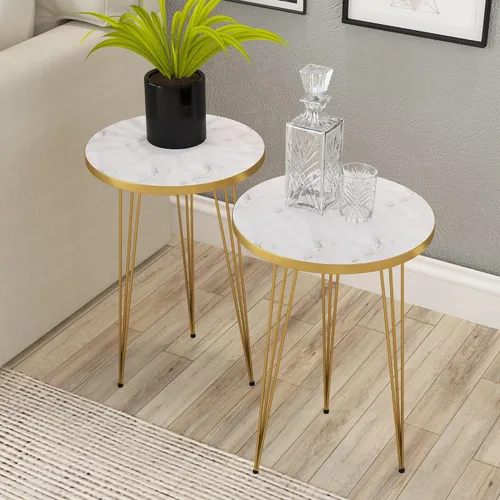 Miniatura 13 de Juego de 2 mesas auxiliares redondas de madera para sofá para espacios pequeños, mesita de noche con patas de metal para dormitorio, sala de estar