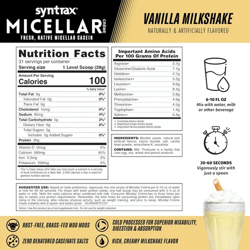 Miniatura 3 de Syntrax Nutrition Micelar Creme Proteína en polvo, Fresco, Caseína Micelar Nativa, Batido de Vainilla, 2 libras