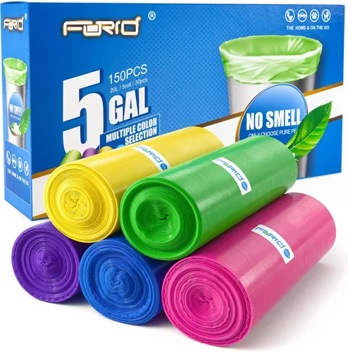 FORID Bolsas de basura pequeñas – 5 galones, forro para botes de basura para el hogar, oficina, baño, dormitorio, cubo de basura (5 colores, 150