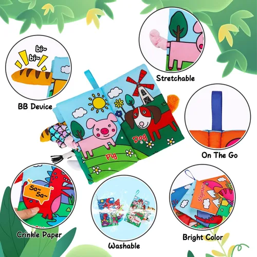 Miniatura 8 de 2 piezas de libros de bebé arrugados de alto contraste de 0 a 6 meses, juguetes sensoriales interactivos para bebés de 9 a 12 meses, actividades