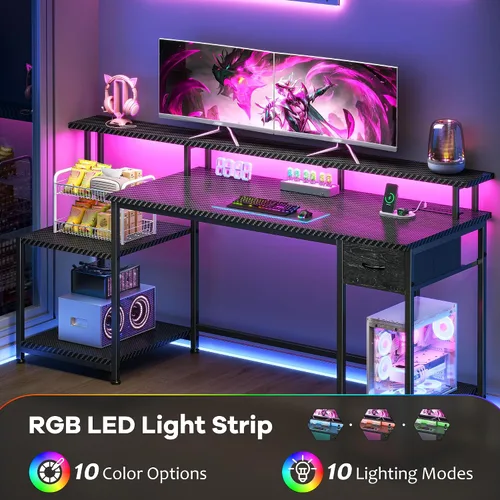Miniatura 4 de Escritorio negro para juegos con luces RGB y 3 tomas de corriente alterna, escritorio de computadora de oficina con soporte de monitor de 55