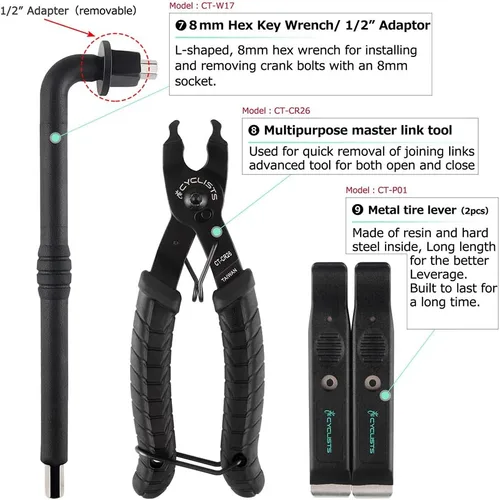 Miniatura 5 de Kit de 23 piezas de herramientas para bicicleta - Juego de herramientas de reparación de bicicletas compatible - Juego de herramientas