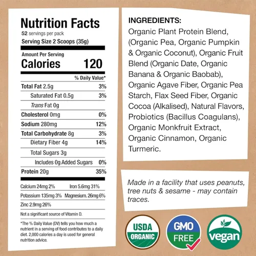 Miniatura 2 de EarthChimp Proteína vegana orgánica en polvo, con probióticos, sin OMG, sin lácteos, sin suero de leche, proteína en polvo a base de plantas